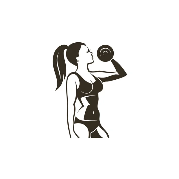 女健美运动员举重哑铃图 在白色背景下孤立 — 图库矢量图片