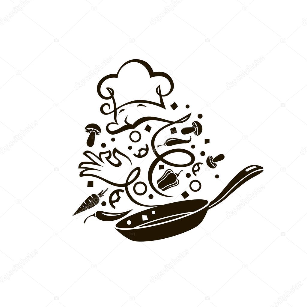 Cooking process of vegetables on pan isolated on white background