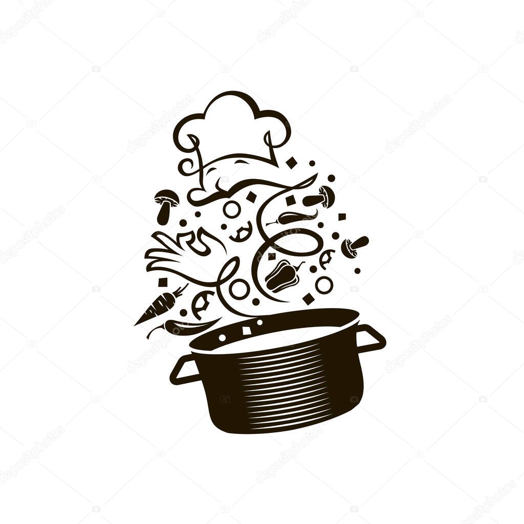 Cooking process of soup on saucepan isolated on white background