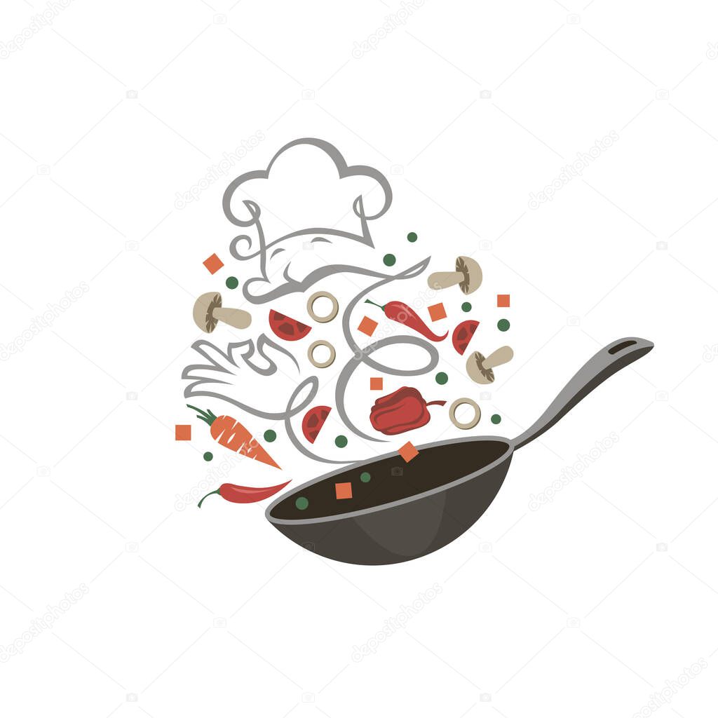 Cooking process of vegetables on pan isolated on white background