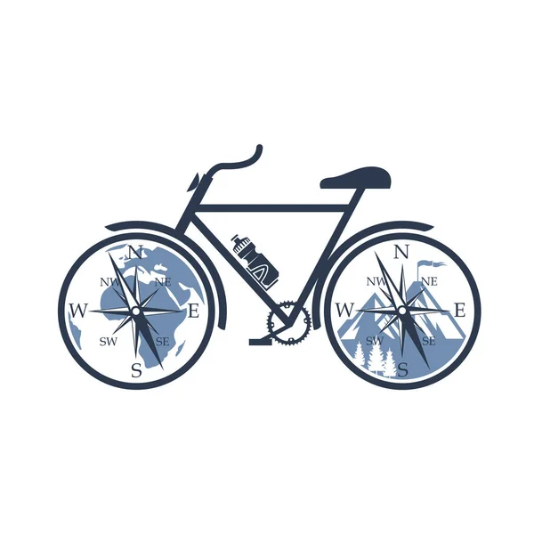Emblema Bicicletta Con Montagne Bussola Isolata Sfondo Bianco — Vettoriale Stock