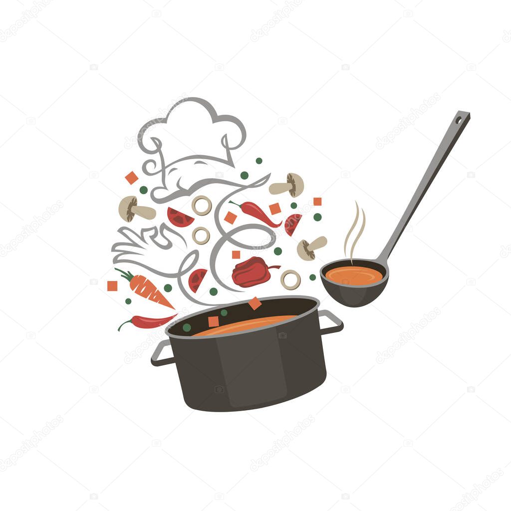 Cooking process of soup on saucepan isolated on white background