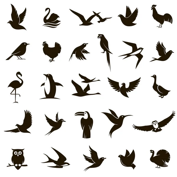 Collection Diverses Icônes Oiseaux Noirs Isolés Sur Fond Blanc — Image vectorielle