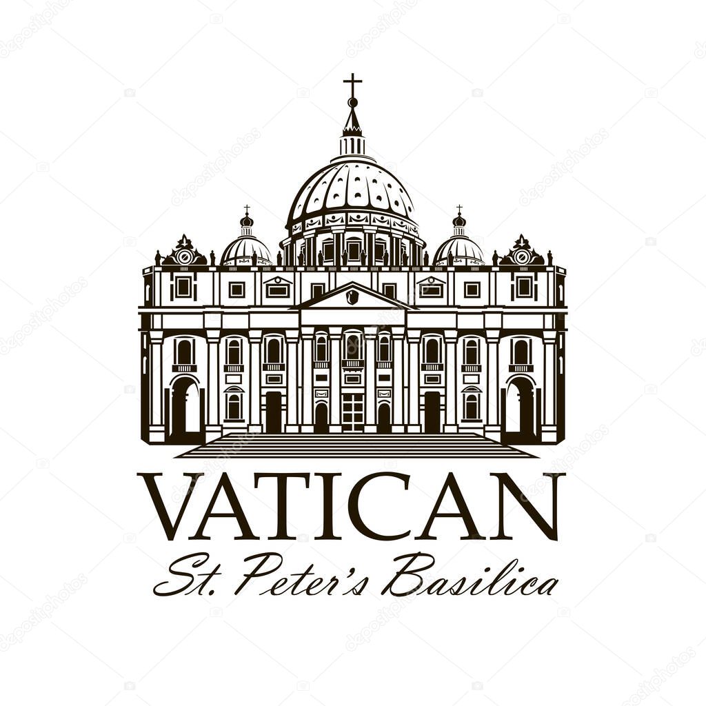 Black icon of Saint Peters Basilica at Vatican isolated on white background