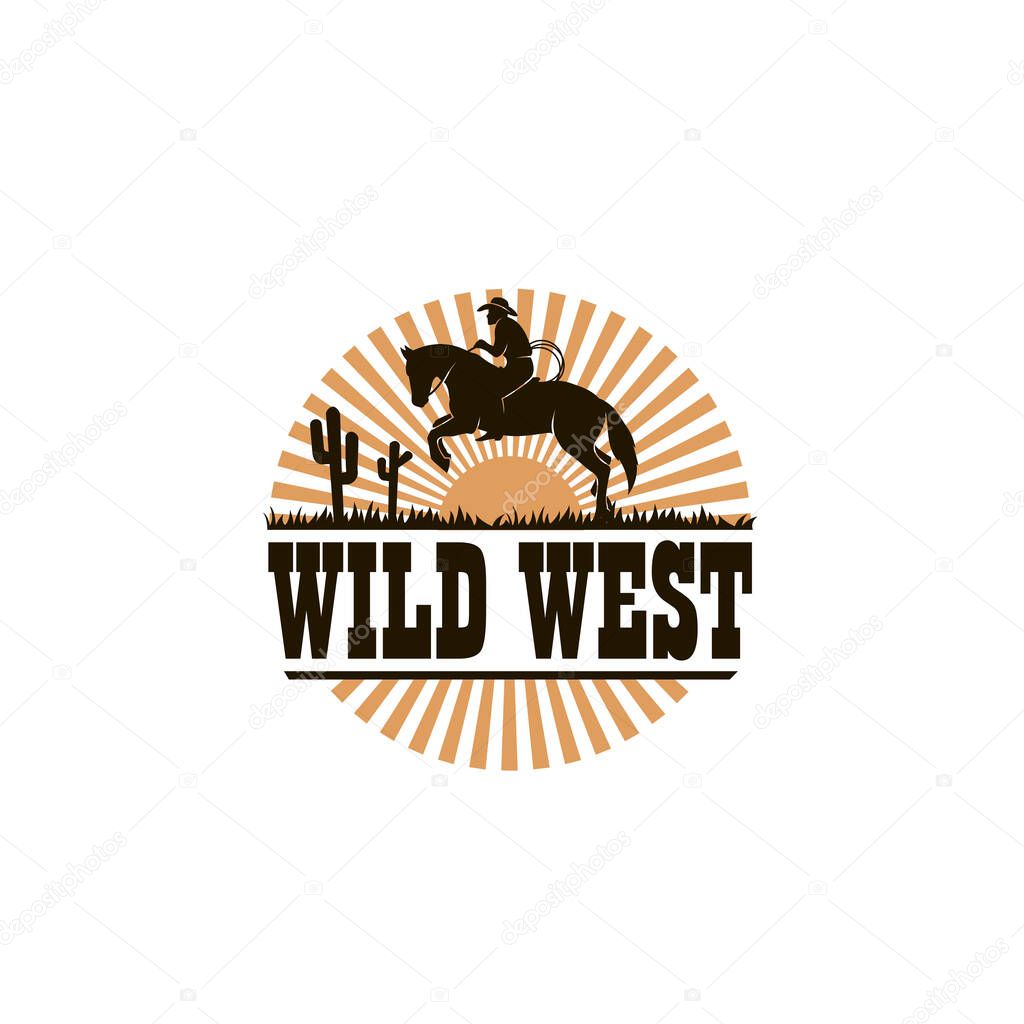 Cowboy silhouette with lasso on horse icon isolated on white background for western