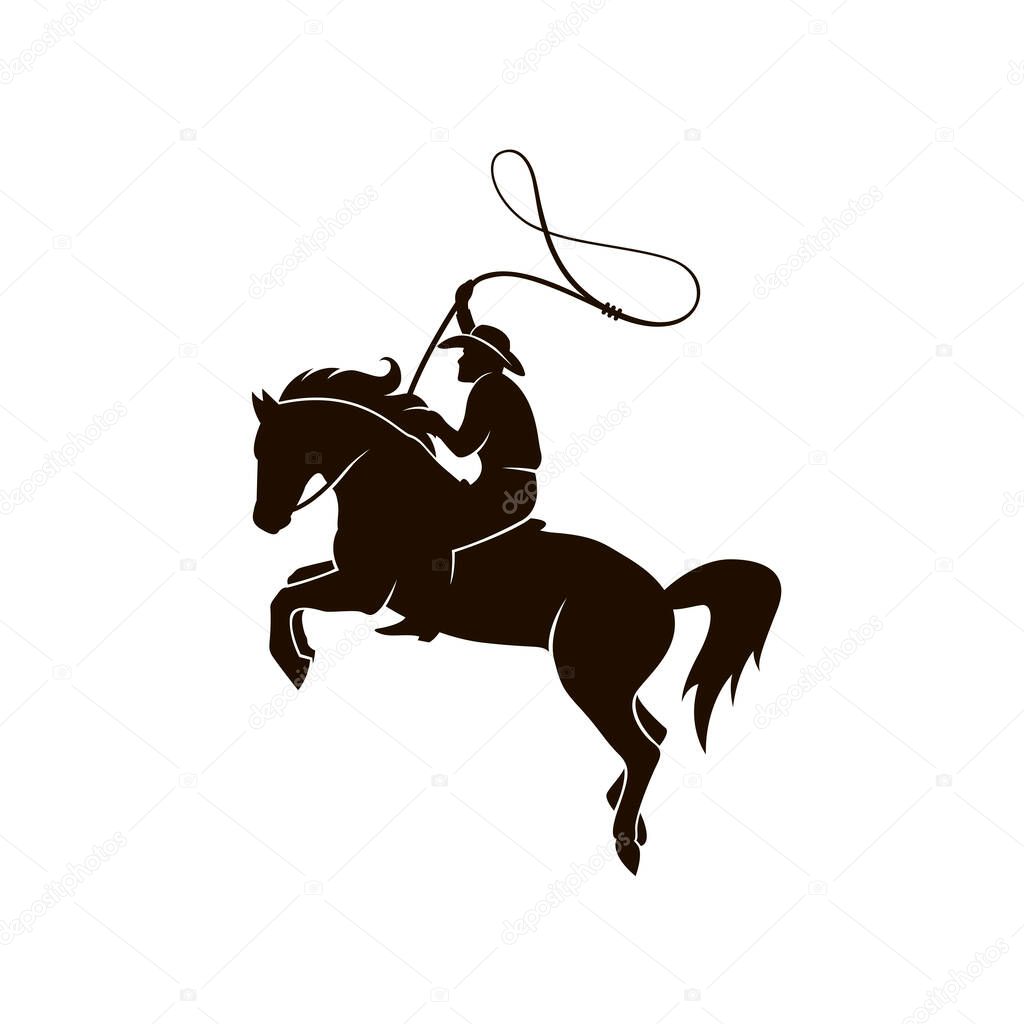 Cowboy silhouette with lasso on horse icon isolated on white background for western