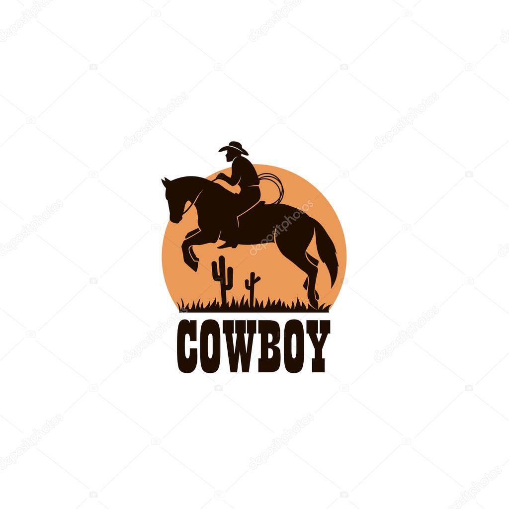 Cowboy silhouette with lasso on horse icon isolated on white background for western