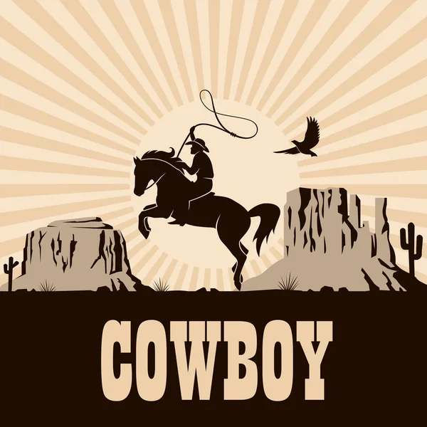 Silhouette Western Cowboy Con Lazo Cavallo Illustrazione Con Montagne — Vettoriale Stock