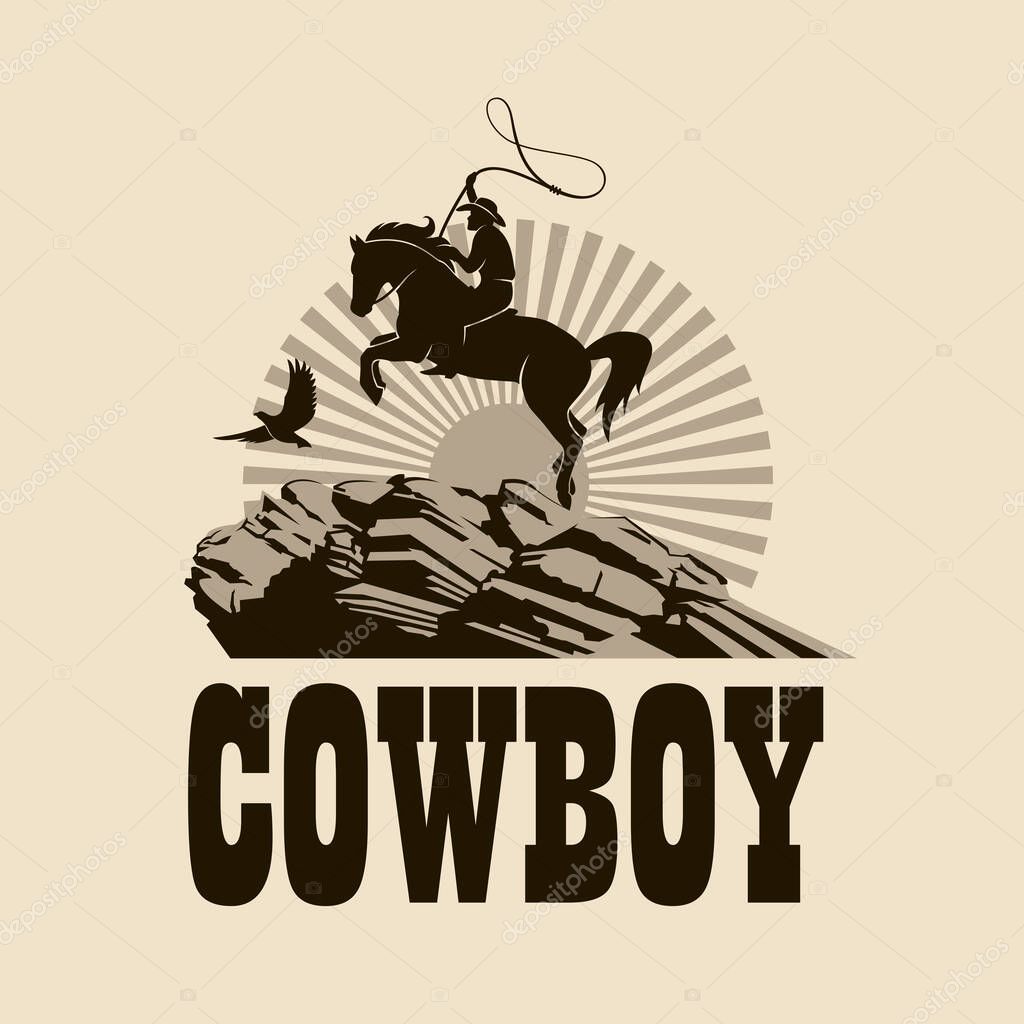 Western cowboy silhouette with lasso on horse illustration with mountains