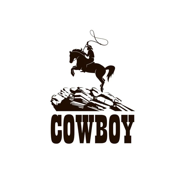 Nyugati Cowboy Sziluett Lasszóval Illusztráció Hegyek Elszigetelt Fehér Háttér — Stock Vector