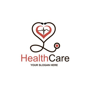 Beyaz arka planda izole edilmiş steteskop ve kalp ile soyut tıbbi halth bakım ikonu