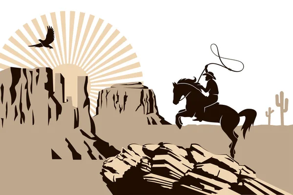 Ocidental Cowboy Silhueta Com Laço Cavalo Ilustração Com Montanhas —  Vetores de Stock
