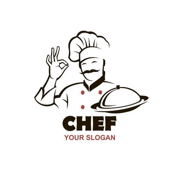Projeto Homem Chef Bigode Com Prato Mão Isolado Fundo Branco — Vetor de Stock