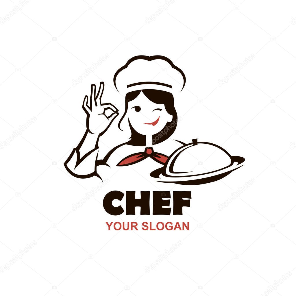 Chef woman design with dish in hand isolated on white background