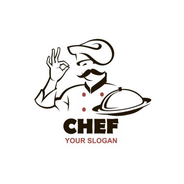 Bıyıklı şef tasarımı, beyaz arka planda el yapımı yemek.