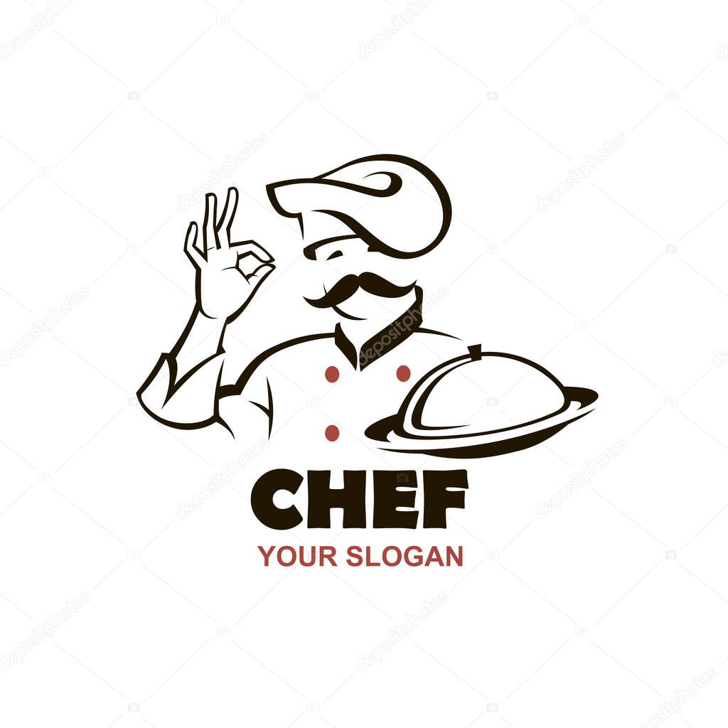 moustached chef man design with dish in hand isolated on white background