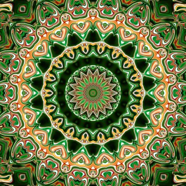 Renkli mandala. Oryantal yuvarlak desen. Mistik motif, Soyut egzotik arka planı. Fantastik fraktal tasarm, Psychedelic dijital sanat, Parlayan geometrik doku.