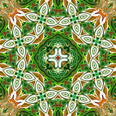 Renkli mandala. Oryantal yuvarlak desen. Mistik motif, Soyut egzotik arka planı. Fantastik fraktal tasarm, Psychedelic dijital sanat, Parlayan geometrik doku.