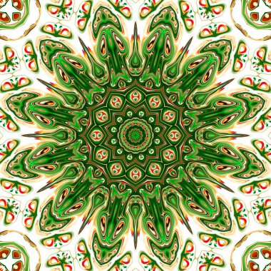 Renkli mandala. Oryantal yuvarlak desen. Mistik motif, Soyut egzotik arka planı. Fantastik fraktal tasarm, Psychedelic dijital sanat, Parlayan geometrik doku.