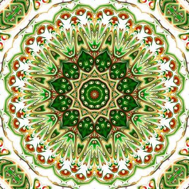 Renkli mandala. Oryantal yuvarlak desen. Mistik motif, Soyut egzotik arka planı. Fantastik fraktal tasarm, Psychedelic dijital sanat, Parlayan geometrik doku.