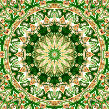Renkli mandala. Oryantal yuvarlak desen. Mistik motif, Soyut egzotik arka planı. Fantastik fraktal tasarm, Psychedelic dijital sanat, Parlayan geometrik doku.