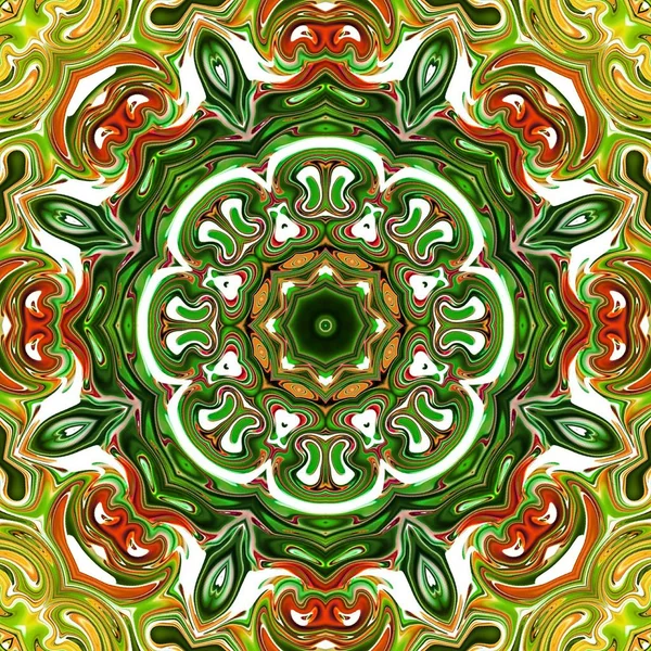 Renkli mandala. Oryantal yuvarlak desen. Mistik motif, Soyut egzotik arka planı. Fantastik fraktal tasarm, Psychedelic dijital sanat, Parlayan geometrik doku.