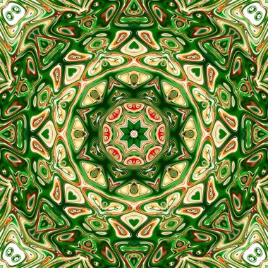 Renkli mandala. Oryantal yuvarlak desen. Mistik motif, Soyut egzotik arka planı. Fantastik fraktal tasarm, Psychedelic dijital sanat, Parlayan geometrik doku.