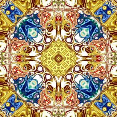 Renkli mandala. Oryantal yuvarlak desen. Mistik motif, Soyut egzotik arka planı. Fantastik fraktal tasarm, Psychedelic dijital sanat, Parlayan geometrik doku.