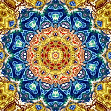 Renkli mandala. Oryantal yuvarlak desen. Mistik motif, Soyut egzotik arka planı. Fantastik fraktal tasarm, Psychedelic dijital sanat, Parlayan geometrik doku.