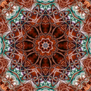 Renkli mandala. Oryantal yuvarlak desen. Mistik motif, Soyut egzotik arka planı. Fantastik fraktal tasarm, Psychedelic dijital sanat, Parlayan geometrik doku.