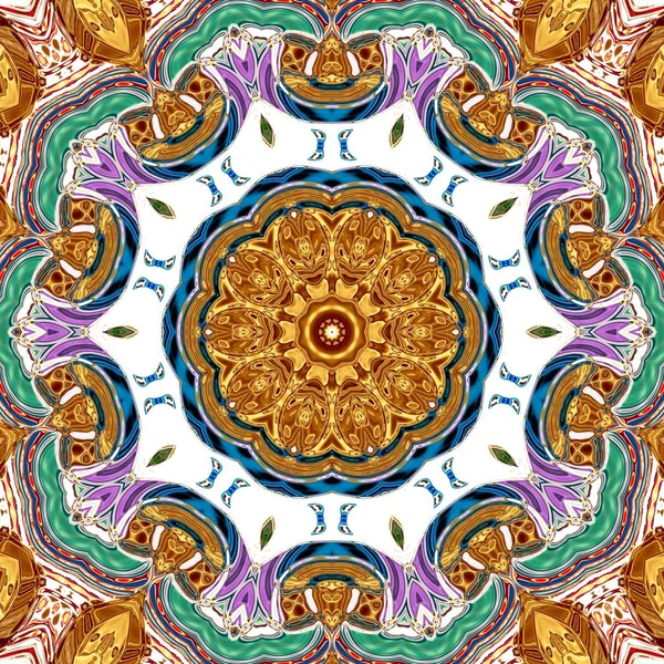 Renkli mandala. Oryantal yuvarlak desen. Mistik motif, Soyut egzotik arka planı. Fantastik fraktal tasarm, Psychedelic dijital sanat, Parlayan geometrik doku.