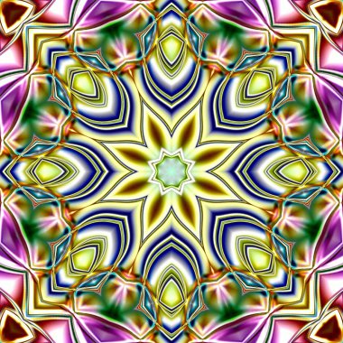 Benzersiz mandala, Oriental yuvarlak desen, mistik motifi, egzotik arka plan. Fantastik fraktal tasarım, geometrik doku parlayan renkli dijital sanat.