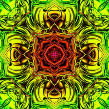 Benzersiz mandala, Oriental yuvarlak desen, mistik motifi, egzotik arka plan. Fantastik fraktal tasarım, geometrik doku parlayan renkli dijital sanat.