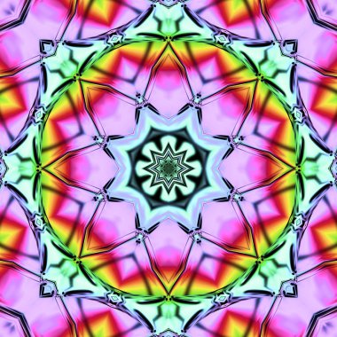 Benzersiz mandala, Oriental yuvarlak desen, mistik motifi, egzotik arka plan. Fantastik fraktal tasarım, geometrik doku parlayan renkli dijital sanat.