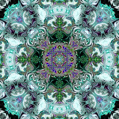 Benzersiz mandala, Oriental yuvarlak desen, mistik motifi, egzotik arka plan. Fantastik fraktal tasarım, geometrik doku parlayan renkli dijital sanat.