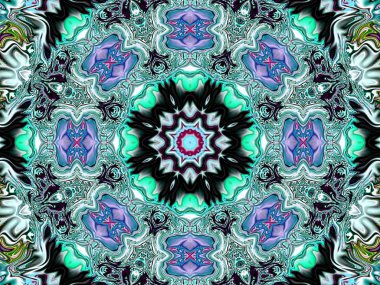 Benzersiz mandala, Oriental yuvarlak desen, mistik motifi, egzotik arka plan. Fantastik fraktal tasarım, geometrik doku parlayan renkli dijital sanat.