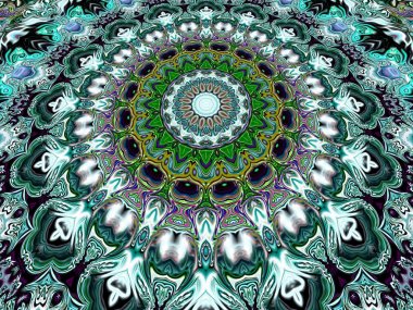 Benzersiz mandala, Oriental yuvarlak desen, mistik motifi, egzotik arka plan. Fantastik fraktal tasarım, geometrik doku parlayan renkli dijital sanat.