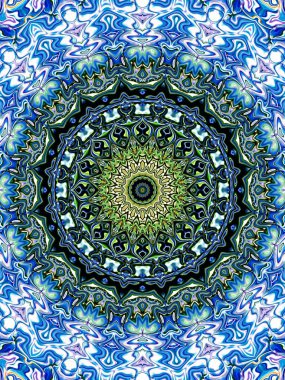 Benzersiz mandala, Oriental yuvarlak desen, mistik motifi, egzotik arka plan. Fantastik fraktal tasarım, geometrik doku parlayan renkli dijital sanat.