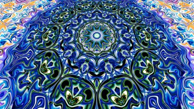 Benzersiz mandala, Oriental yuvarlak desen, mistik motifi, egzotik arka plan. Fantastik fraktal tasarım, geometrik doku parlayan renkli dijital sanat.