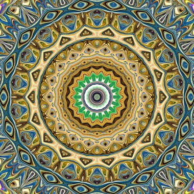 Benzersiz mandala, Oriental yuvarlak desen, mistik motifi, egzotik arka plan. Fantastik fraktal tasarım, geometrik doku parlayan renkli dijital sanat.