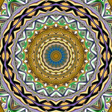 Benzersiz mandala, Oriental yuvarlak desen, mistik motifi, egzotik arka plan. Fantastik fraktal tasarım, geometrik doku parlayan renkli dijital sanat.