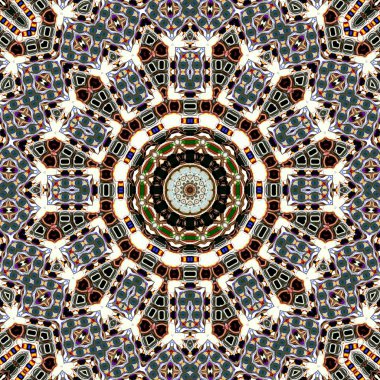 Benzersiz mandala, Oriental yuvarlak desen, mistik motifi, egzotik arka plan. Fantastik fraktal tasarım, geometrik doku parlayan renkli dijital sanat.