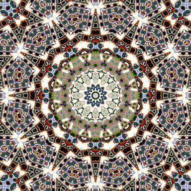 Benzersiz mandala, Oriental yuvarlak desen, mistik motifi, egzotik arka plan. Fantastik fraktal tasarım, geometrik doku parlayan renkli dijital sanat.