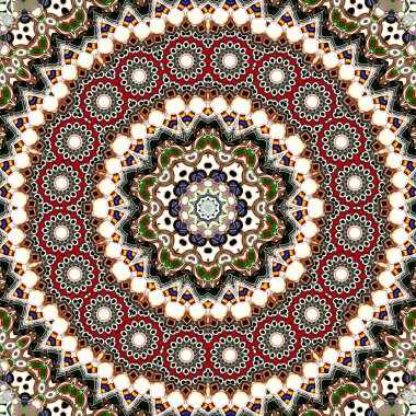 Benzersiz mandala, Oriental yuvarlak desen, mistik motifi, egzotik arka plan. Fantastik fraktal tasarım, geometrik doku parlayan renkli dijital sanat.