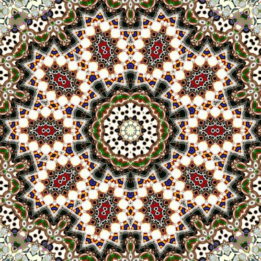 Benzersiz mandala, Oriental yuvarlak desen, mistik motifi, egzotik arka plan. Fantastik fraktal tasarım, geometrik doku parlayan renkli dijital sanat.