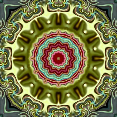 Benzersiz mandala, Oriental yuvarlak desen, mistik motifi, egzotik arka plan. Fantastik fraktal tasarım, geometrik doku parlayan renkli dijital sanat.