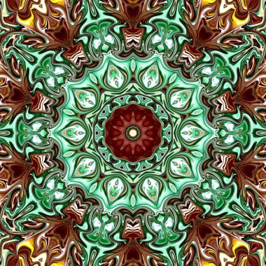 Benzersiz mandala, Oriental yuvarlak desen, mistik motifi, egzotik arka plan. Fantastik fraktal tasarım, geometrik doku parlayan renkli dijital sanat.