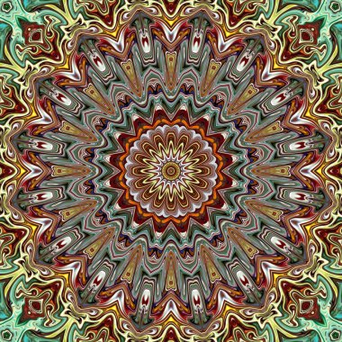 Benzersiz mandala, Oriental yuvarlak desen, mistik motifi, egzotik arka plan. Fantastik fraktal tasarım, geometrik doku parlayan renkli dijital sanat.