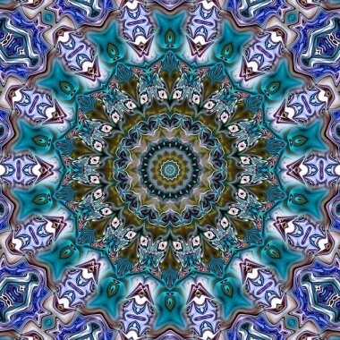 Benzersiz mandala, Oriental yuvarlak desen, mistik motifi, egzotik arka plan. Fantastik fraktal tasarım, geometrik doku parlayan renkli dijital sanat.