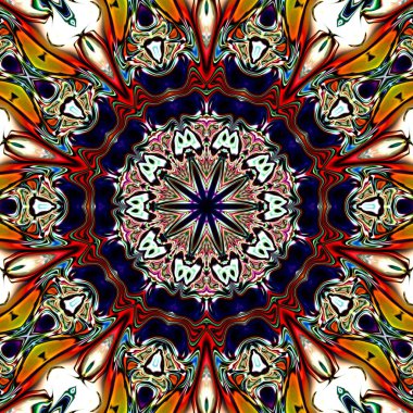 Benzersiz mandala, Oriental yuvarlak desen, mistik motifi, egzotik arka plan. Fantastik fraktal tasarım, geometrik doku parlayan renkli dijital sanat.